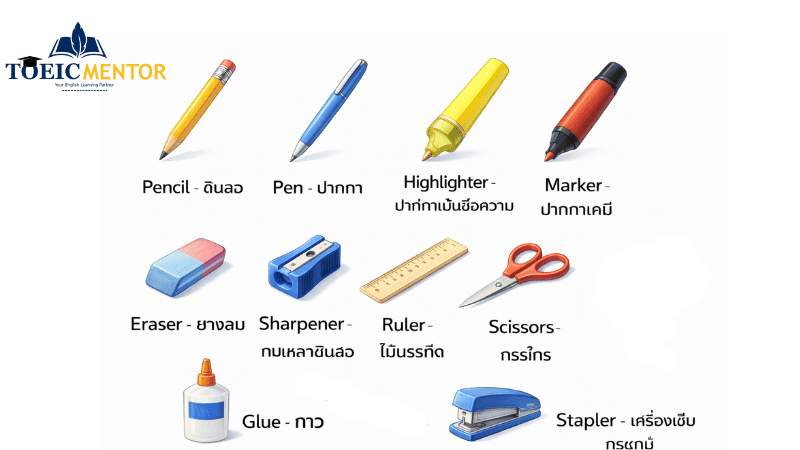 ตารางคำศัพท์สิ่งของในห้องเรียนและอุปกรณ์การเรียน (Classroom Objects)