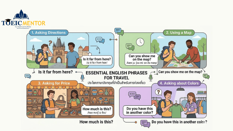 ประโยคสำคัญสำหรับการท่องเที่ยว: การถามทาง การซื้อของ และการขอความช่วยเหลือ